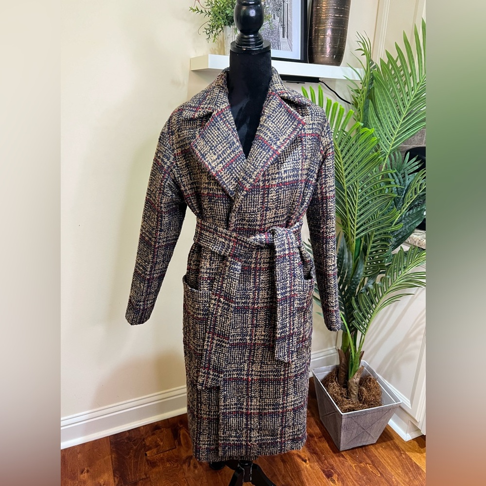 Express Plaid Wrap Oversized Tan Navy Red Trench Coat w/ Removable Belt XS - Picture 4 of 10